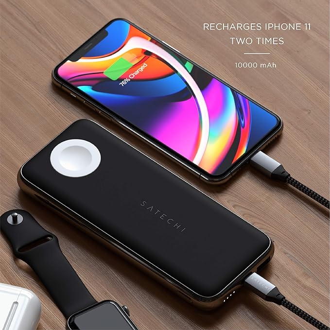 Satechi Quatro Wireless Power Bank 10,000 mAh Portable Charger. Compatible with iPhone 16 Pro Max/16 Pro/16/16 Plus, Apple Watch Ultra & Series 8/7/6/SE/5/4/3/2/1, AirPods Pro 2/1