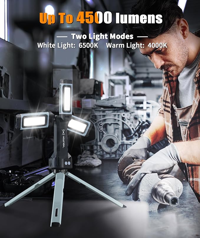 Rechargeable Work Light - 5000 Lumen Work Light with Stand 25" Magnetic Work Light, 8000mAh Mechanic Light with 3 Lighting Modes, Tripod Work Light for Car Repairing/Emergency/Garage