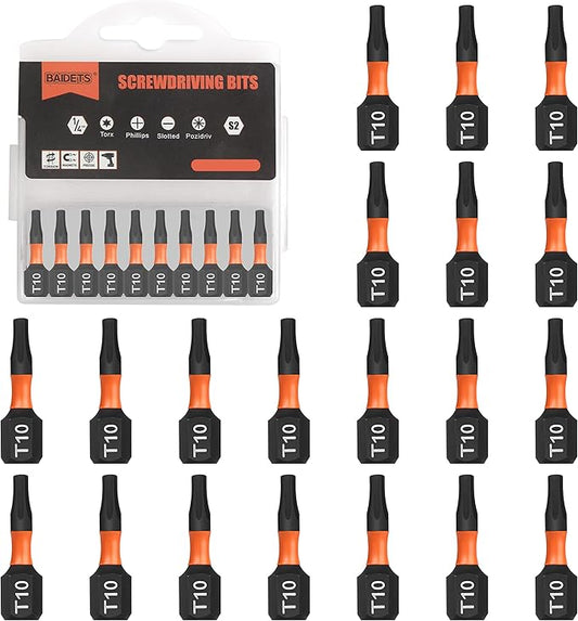 Pro T10 Bit Assortment - Screwdriver Bits Set 20Pcs, 25mm Length, Torx Screwdriver Bit, 1/4 Inch Hex Shank, with Storage Box
