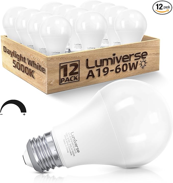 Lumiverse A19 Dimmable LED Bulbs 60W Equivalent, 9.5W, Non-Flickering, 5000K Bright Daylight White, 800 Lumens, E26 Base, 15000 Hour, Energy Saving, Clear Bright Light for Ceiling, Bedroom, 12 Pack