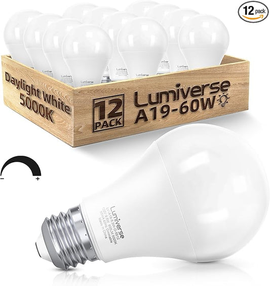 Lumiverse A19 Dimmable LED Bulbs 60W Equivalent, 9.5W, Non-Flickering, 5000K Bright Daylight White, 800 Lumens, E26 Base, 15000 Hour, Energy Saving, Clear Bright Light for Ceiling, Bedroom, 12 Pack
