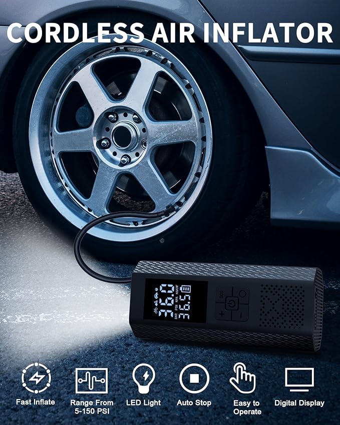 TEMOLA Tire Inflator Portable Air Compressor, 150PSI Portable Air Pump for Car Tires, Car Tire Air Pump Portable with Accurate Pressure LCD Display and LED Light, Cordless Tire Inflator for Cars Bike