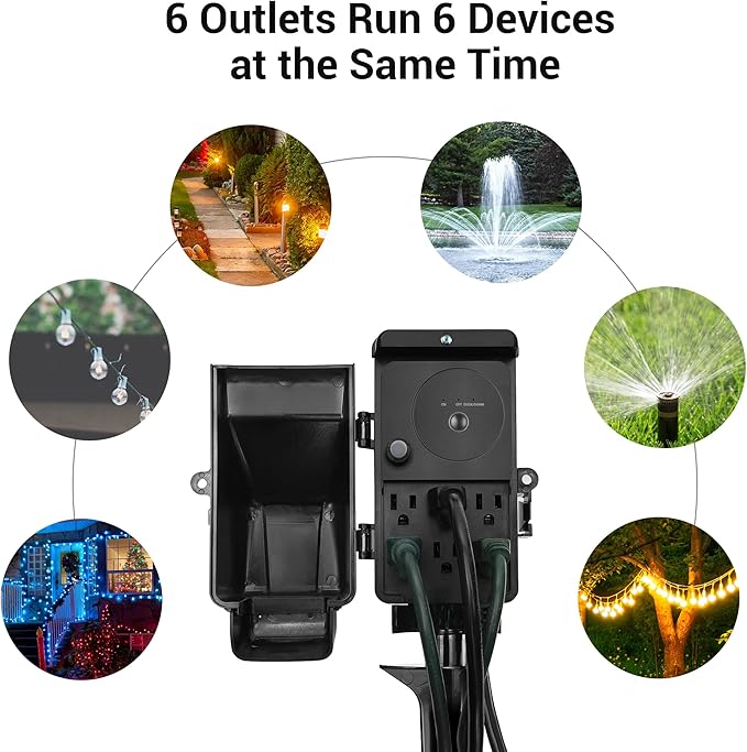 DEWENWILS Dusk to Dawn Outdoor Power Strip Stake with Overload Protection, 6FT Extension Cord, 6 Outlets, Waterproof Yard Stake Outlets for Halloween/Christmas Decor Lights, Fountains, 15A/1875W