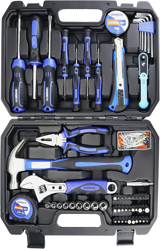 Auto Repair Tool Set 128-piece Mechanic Hand Tool Kit with Storage Box, Nail, Pliers,Screwdriver, Hammer, Drive Socket, Wrench for Homeowner, DIY, Handyman