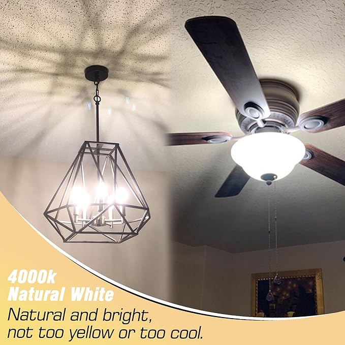 E12 Candelabra LED Light Bulbs 60 Watt Equivalent 120 Volt 4000K Natural White 550lm 6W C7 T6 E12 Small Base for Chandelier Pendant Ceiling Fan Lighting Table Salt Lamp, Non-dimmable, 4 Pack