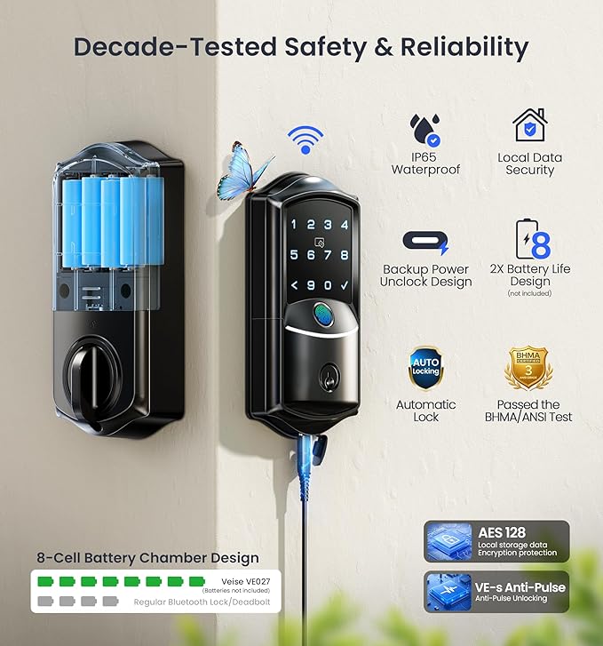Veise VE027 Built-in Wi-Fi Smart Lock, Fingerprint Keyless Entry Front Door Lock, App Remote Control, No Hub Needed, Keypad Deadbolt with Long Battery Life, IP65 Waterproof, BHMA Grade 3, Matte Black