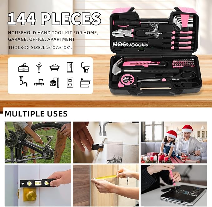 144-Piece Pink Tool Kit Basic Home Repair Tool Set General Household Hand Tool Kit Small Tool Kit with Plastic Toolbox Mini Tool kit for Women, Office & College Repairs