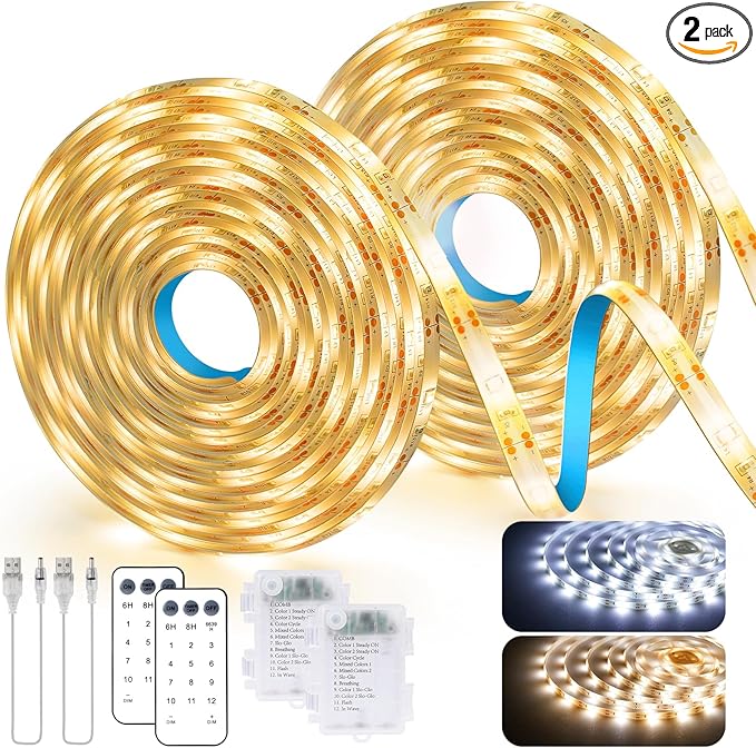 2 Pack LED Strip Lights Indoor Outdoor Waterproof, 16.5ft 150 LED 2700K-6000K Tunable White Battery Powered LED Strip Lights with Remote USB Dimmable Timer Cuttable for Kitchen Bathroom Yard Pool