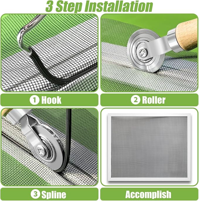 Screen Repair Kit/Tool, King&Charles Screen Roller Tool, Steel Roller with Bear, 32 ft Spline, Removal Hook, 3 in 1 Window Repair Kit, for Installing Door Window Mesh.