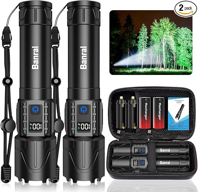 Rechargeable Flashlights High Lumens - Super Bright LED Tactical Flash Light, Powerful Waterproof Handheld USB C Flashlight for Camping,Emergencies,Home,5 Modes,Zoomable (2, Black)