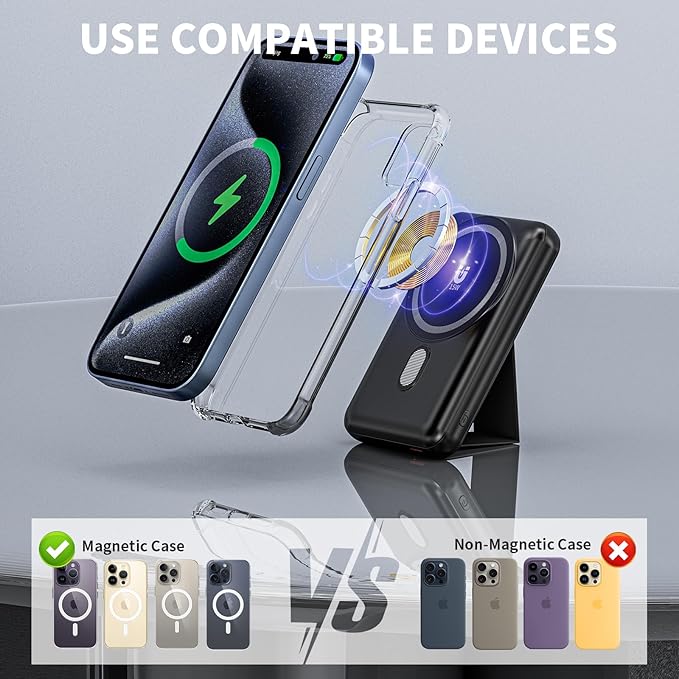 Magnetic Power Bank 10000mAh, Wireless Portable Charger with Stand, 15W Fast Charging Magnetic Battery Pack w/USB-C, Compatible with Magsafe iPhone 15/15 Plus/15 Pro/15 Pro Max, iPhone 14/13/12 Series