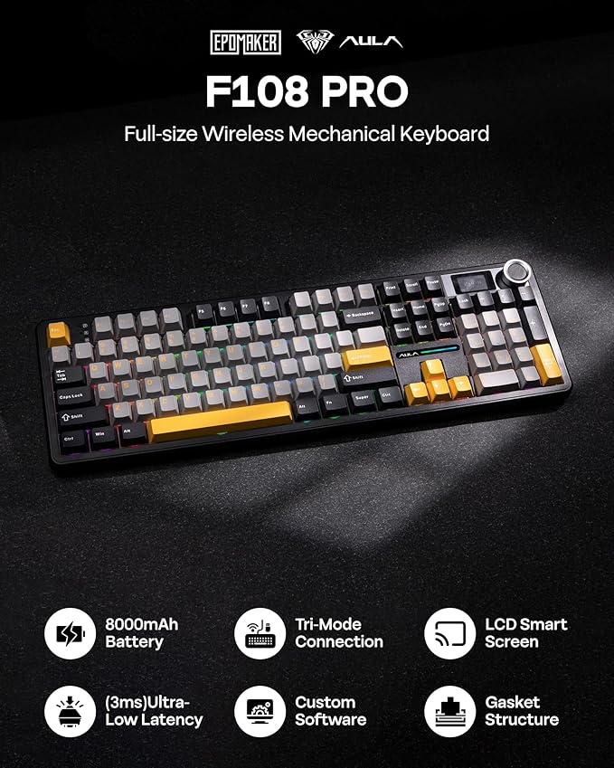 EPOMAKER X Aula F108 PRO Wireless Gaming Keyboard with Screen, 8000mAh Battery, 104 Hot-Swappable and Programmable Keys and Knob, RGB Backlight, for Mac/PC/Android (Grey&Yellow)
