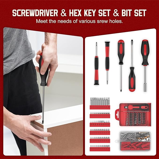 Sundpey Home Tool Kit with Drawer - 379-PCs Portable Complete Household and Auto Repair Tool Set - Hand General Basic Tool Box Storage Case - Full Basic Toolkit for Handyman & Diyer & Homeowner Red