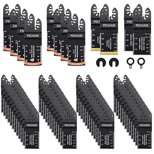 Oscillating Saw Blades, PECHAM 64PCS Professional Universal Titanium Multitool Blades for Wood Plastics Metal Quick Release Multi Tool Kits Fit Rockwell Ridgid Ryobi Milwaukee Chicago Craftsman