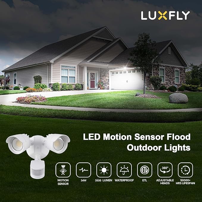 2 Pack LED Motion Sensor Outdoor Lights, 34W 3500LM 5000K Daylight, IP65 Waterproof, Dusk to Dawn Flood Light, 2 Head Motion Detected Security Lights for Patio, Garage, Yard (White)