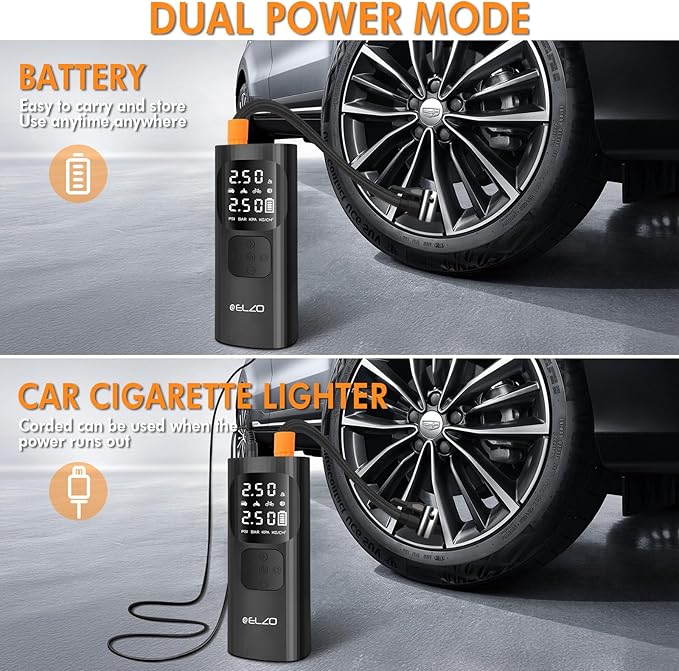 ELZO Tire Inflator Air Compressor, 7500mAh Rechargeable Car Tire Air Pump Portable with Digital Pressure Gauge 150PSI 3X Fast Inflation, Auto Shut Off, Cordless Mini Pump for Motorcycles Bikes Balls