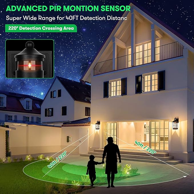 13in Motion Sensor Porch Lights, Anti-Rust 100% Aluminum Dusk to Dawn Outdoor Light Fixtures, Exterior Wall Lanterns Sconce Lighting Black, Outside Lights for House Wall Mount for Entryway Garage