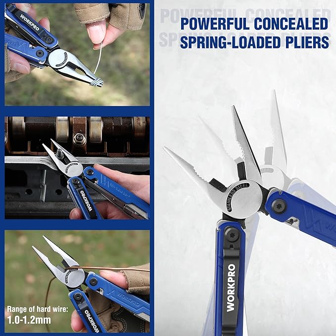WORKPRO 18-in-1 Multi Tool Pliers, Gifts for Dad, Stainless Steel EDC Multitool with Pocket Knife, 2 Safety Locks, Belt Clip and Oxford Pouch, Multipurpose Utility Multiuse Tool for Outdoor Activities