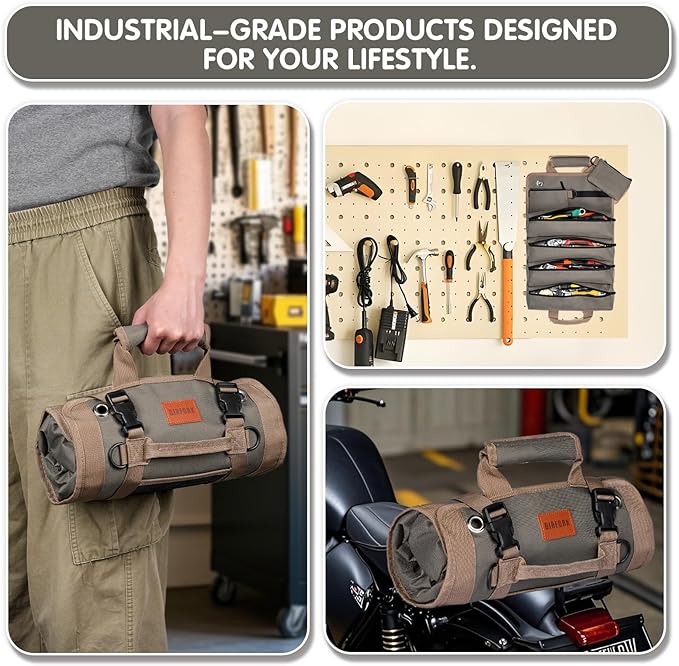 Roll Up Tool Bag, Heavy Duty Tool Organizer Bag, Portable Tools Bag with 6 Tool Pouches for Mechanics, Electricians, DIY Projects, Gifts for Men Dad Husband (Army Green)