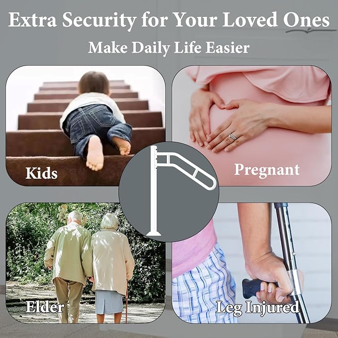 Upgraded Single Post Handrail, White Bent Wrought Iron Handrails for Outdoor 1-3 Steps, Metal Freestanding Porch Railing, Floor Mounted Stair Rails with 2 Anti-Skid Crossbar for Garage, 32"L x 35.8" H