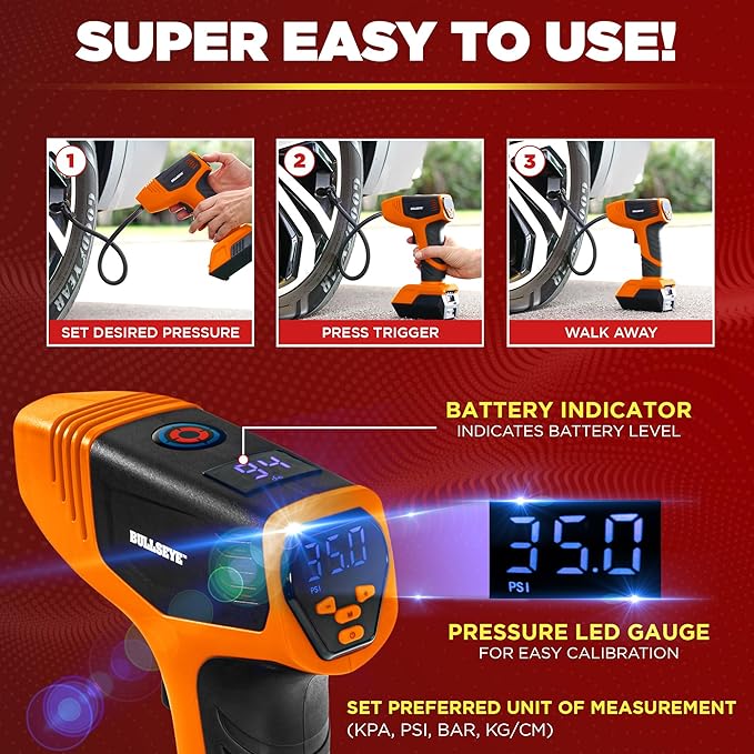 EMSON Bullseye Pro ASON TV Digital Tire Inflator Automatic 150 PSI w/Gauge Display Screen & Pre-set Pressure in KPA,PSI,BAR,Kg/cm,Built-in LED Lights,Rechargeable,Air Compressor,Car Tire Pump,Orange