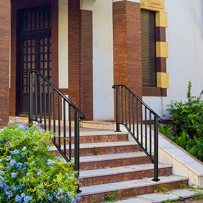 Adjustable Handrails for Outdoor Steps, Handrail Picket #3 Fits 3 or 4 Steps, Mattle Wrought Iron Handrail, Stair Rail with Installation Kit for Outdoor Steps
