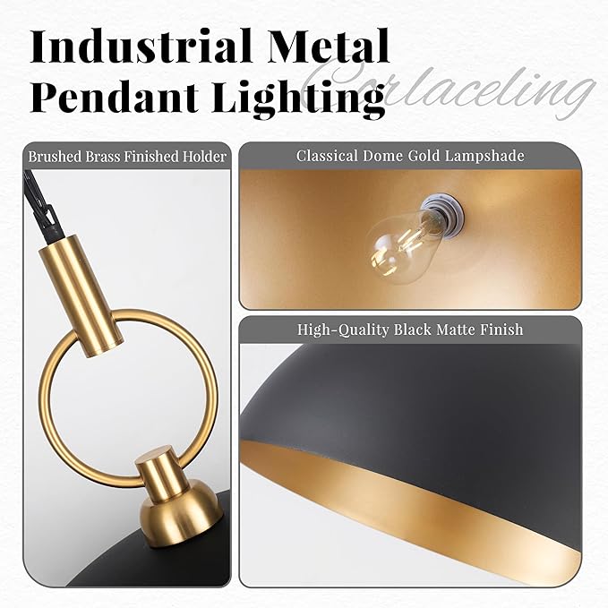 23.6" Farmhouse Pendant Lights for Kitchen Island, Black and Gold Large Dome Pendant Light Fixture Industrial Hanging Lamp for Dining Room Living Room Hallway Bar Bedroom