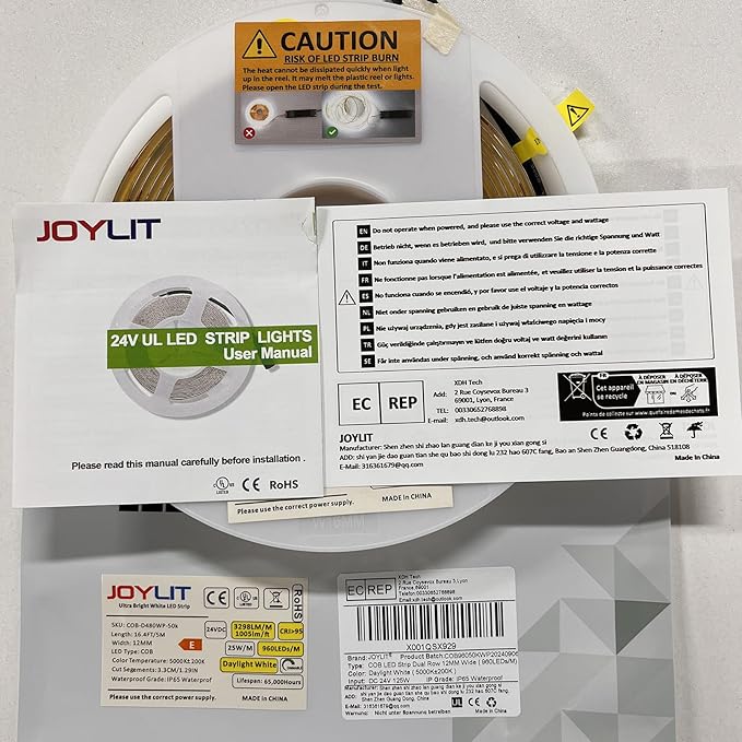 JOYLIT 24V COB LED Strip 16.4ft Dual Row IP65 Waterproof 1005lm/ft Ultra Bright CRI 95+, UL Premium 5000K Day White 125W 960LEDs/M High Density Adhesive Tape Light for Commercial, Industrial, Home