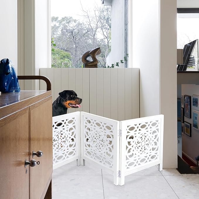 Wooden Freestanding Foldable Dog Gate – 3 Panels, Extra Wide, 24'' Height, Decorative Pet Gate for Doorways, White