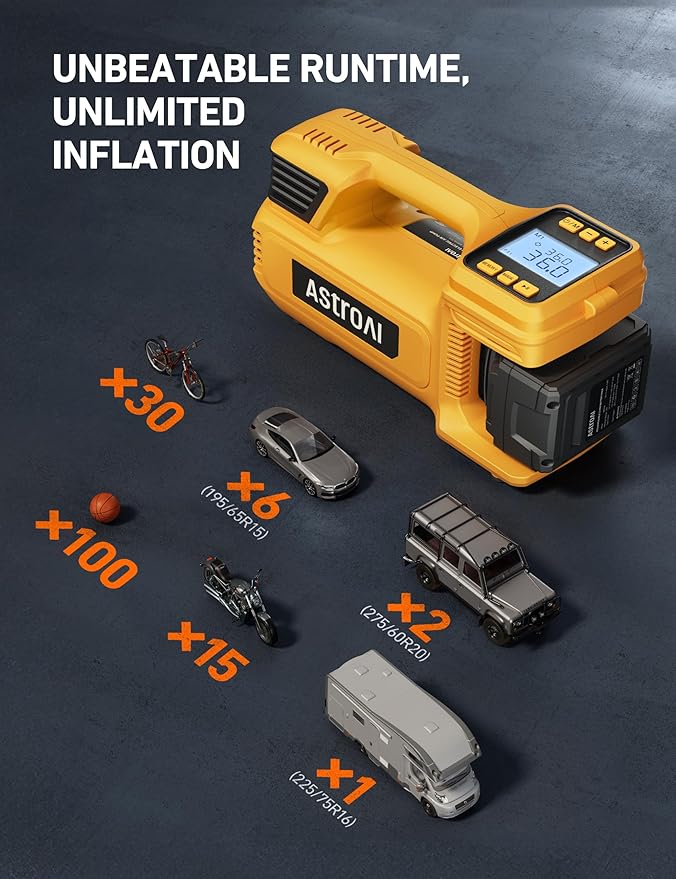 AstroAI TC4 Portable Air Compressor Tire Inflator, 470W 18V Cordless Air Pump for Truck Tires with 4000mAh Battery, 150PSI Heavy Duty Air Compressor with Digital Display for Car, RVs, SUV