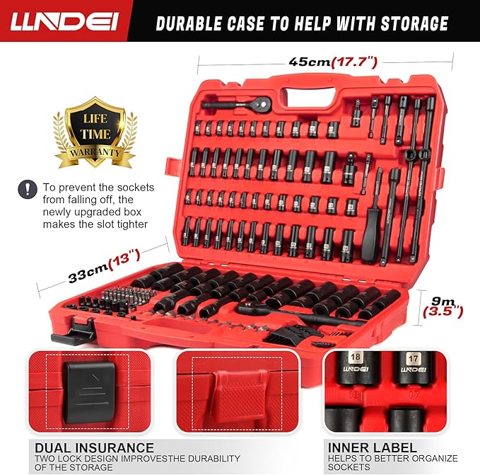 LLNDEI 1/4 & 3/8 Inch Drive Impact Socket Set, 186 Pieces Metric and Standard Full Sockets, CR-V Deep & Shallow Sockets Tool Set with Ratchet Wrench Handle, Spark Plug Socket, Bits for Mechanic
