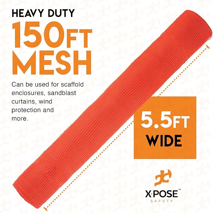 Construction Safety Debris Netting - 150 Ft Temporary Material Roll, 1/4" Mesh Scaffold Net Enclosure, Barricade, Visibility Barrier, Fencing Roll, Heavy Duty Fire Retardant 5.5 ft x 150 ft, Orange
