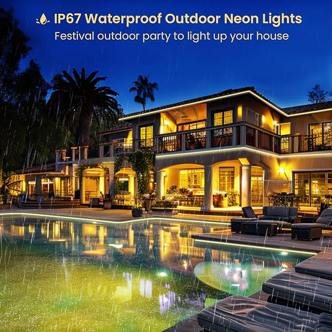 Neon LED Strip Light 32.8Ft, 2700K Warm White Flexible LED Neon Rope Lights Outdoor, Silicone LED Strip Lights IP67 Waterproof Dimmable for Gaming Bedroom Indoor Outdoor Home Decor (32.8FT)