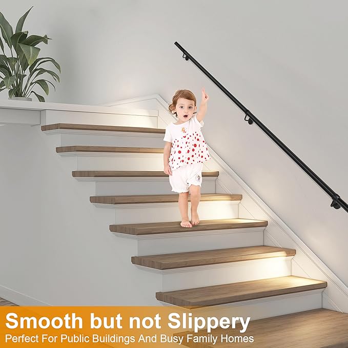 6.6Ft Industrial Metal Stairs Handrail Kit, Sturdy Wall Mount Aluminum Hand Rail, Indoor Outdoor Stair Railing Wood Concrete Brick Wall,1.5 in Round Pipe Grab Bar, Matte Black-6.6FT