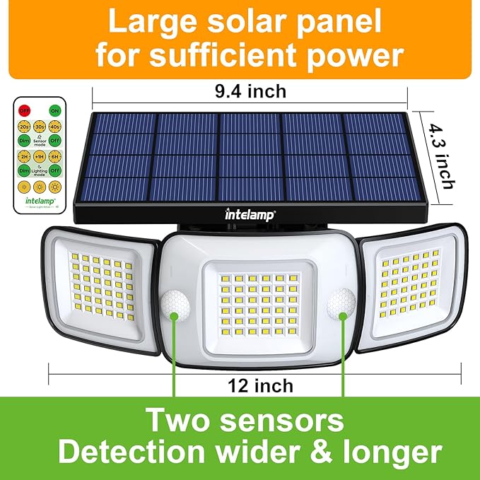 intelamp Solar Outdoor LED Flood Light with 4 Lighting Modes & Remote Control, Dual 180° Motion Sensor, 1200LM, High-Efficiency Panel, 6000mAh Battery, IP65 Waterproof for Garden Patio Yard Security