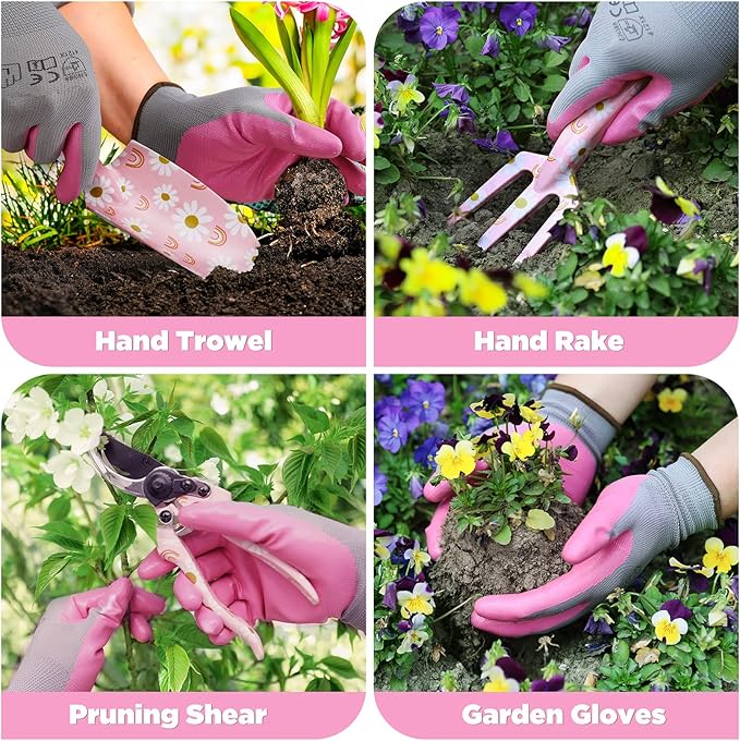 WORKPRO 5PCS Gardening Tools, Aluminum Heavy Duty Garden Tool Set with Bag, Ideal Gardening Gifts for Women-Pink Ribbon