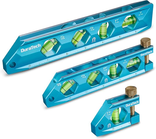 DURATECH 3-Piece Level Tool Set, Magnetic Torpedo Level Included 2.5", 6.25", 8" Leveler with 0°/30°/45°/90° Bubbles, V-Groove, Large Viewing Window, Aluminium Alloy Construction, SAE and Metric Scale