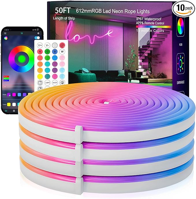 Neon Rope Lights, 50FT RGB Led Strip, Waterproof IP67, DIY Design, Music Sync, 44 Keys Remote Control, Multiple Modes, for Living Room, Bedroom, Holiday Decoration