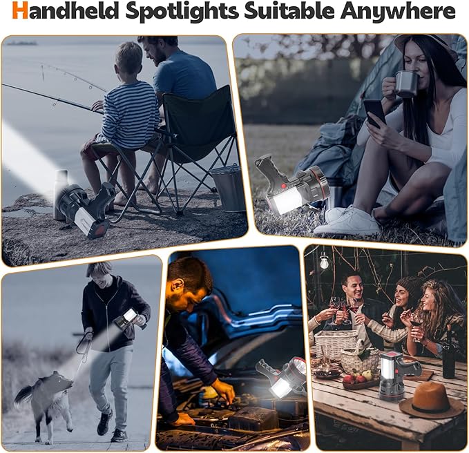 Super Bright Handheld Spotlight Rechargeable LED Flashlight Long Lasting Large Searchlight with USB Output Charger for Outdoor (Yellow Light)
