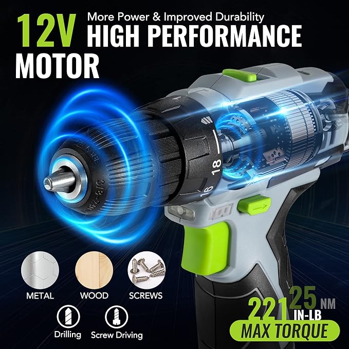 WORKPRO Home Tool Kit with Power Drill, 108PCS Power Home Tool Set with 12V 1.5 Ah Battery Powered Screwdriver and Tool Box, Electric Cordless Drill Set with Keyless Chuck and Variable Speed Trigger