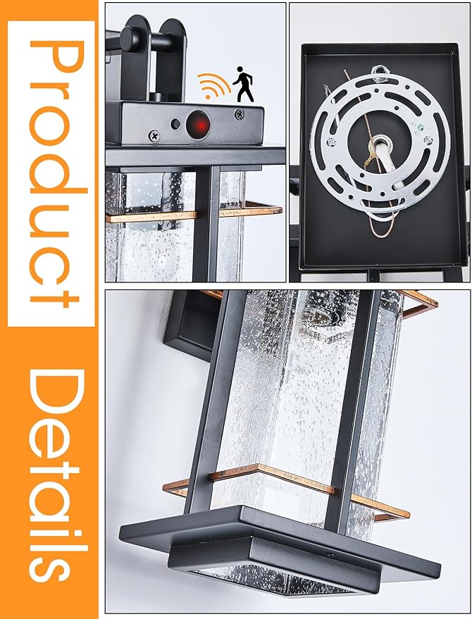 Motion Sensor Outdoor Wall Light Fixture Dusk to Dawn Exterior Wall Sconces Rustic Outdoor Wall Lamp with Seeded Glass Outside Coach Light for House Patio Garage Porch Wall Lights IP65