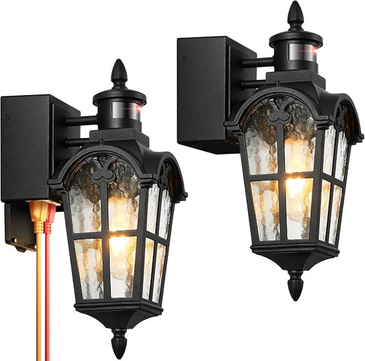 Black Outdoor Patio Lights with GFCI Outlet 2-Pack, Upgraded Motion Sensor Outside Lighting with Water Ripple Glass, Dawn to Dusk Outdoor Light Fixture for House, Garage, Garden, Waterproof