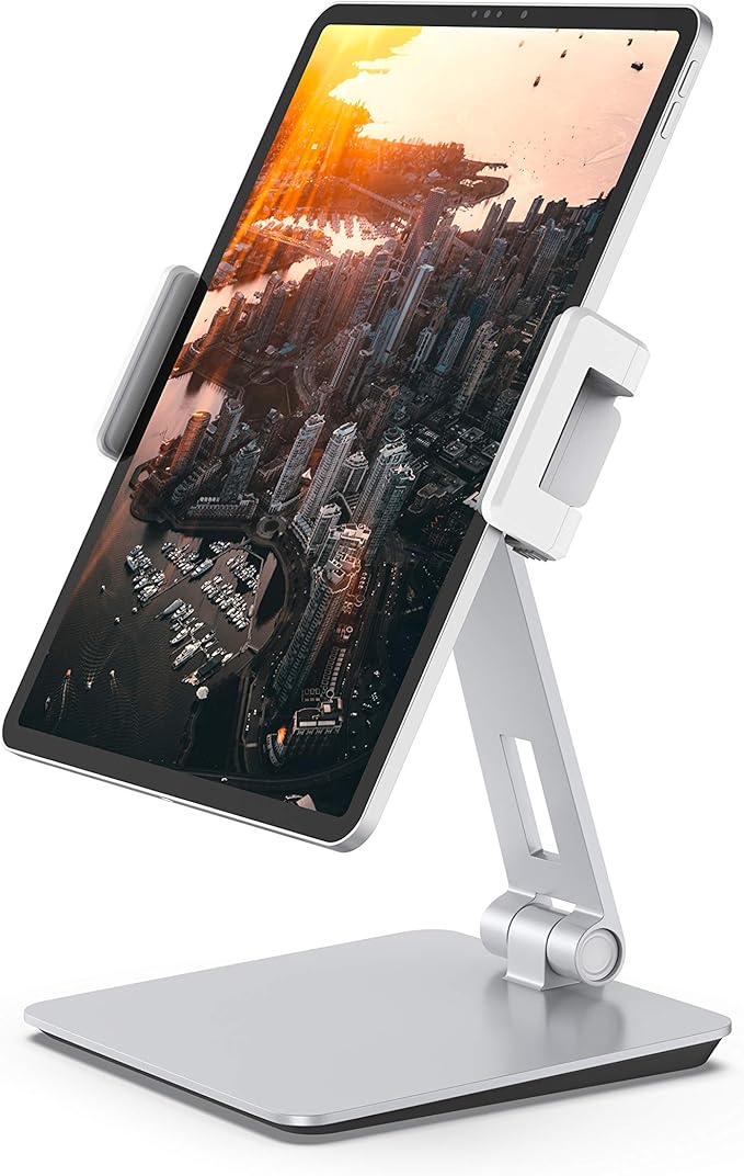 Maxonar Tablet Stand for Desk, 360° Adjustable Aluminum Alloy Swivel iPad Charging Tablet, iPad Pro Air Mini Tablet Holder for Bed Store POS Showcase Kitchen Office Drawing Desktop (6-13''), Silver