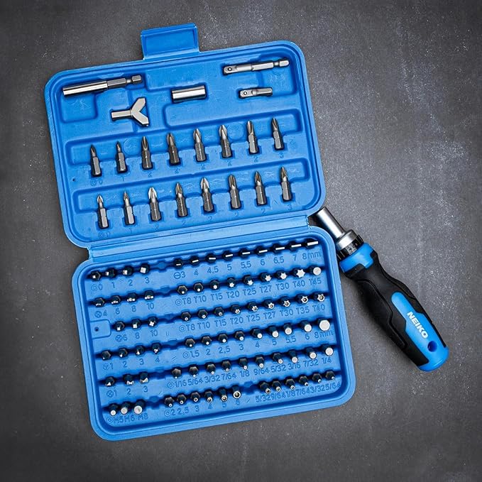 NEIKO 10082A Security Bit Set and Ratcheting Screwdriver | 101 Piece Set | Chrome Vanadium Steel | Screwdriver Bit Set Phillips, Tamperproof Torx Bits, & Flat | 1/4" Hex Shank Magnetic Bit Holder
