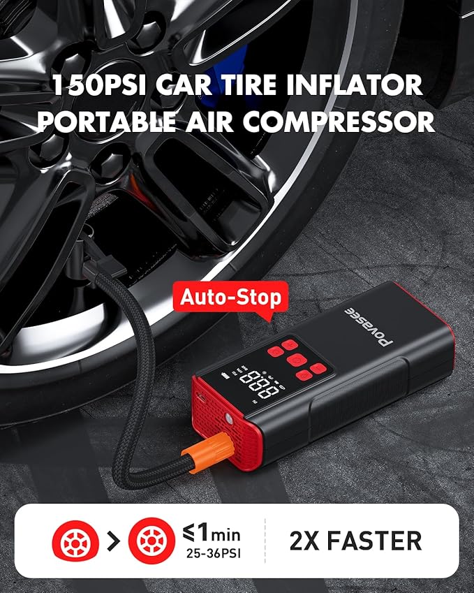 Tire Inflator Portable Air Compressor Povasee 150PSI Portable Air Pump for Tires Cordless Car Tire Inflator with LCD Display,Flashlight, 2X Tire Pump Faster suit for Cars Bikes Motorcycle Ball