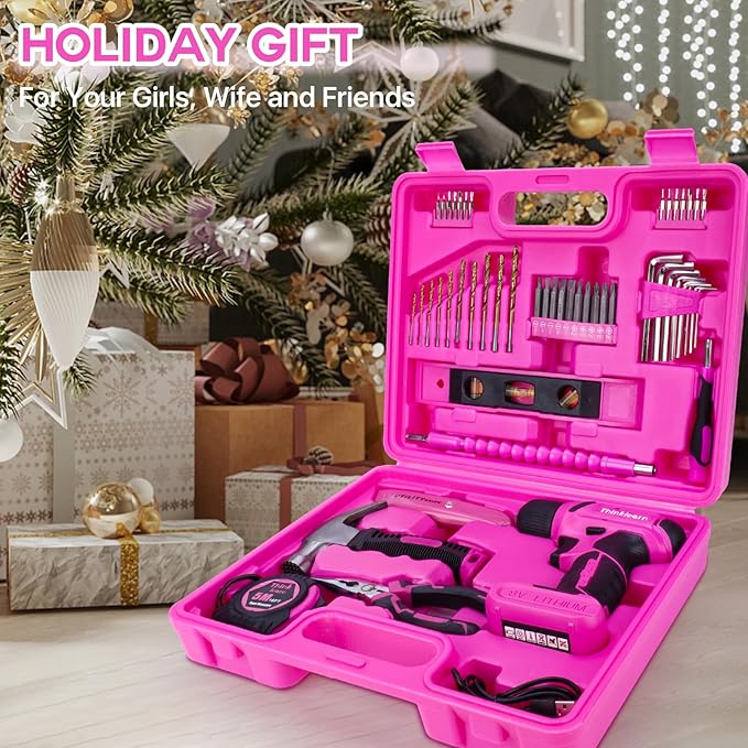 8V Pink Cordless Drill Set, 64 Pcs Pink Power Drill Tool Kit for Women, 3/8"Keyless Chuck Electric Screwdriver Driver Kit for Home DIY and Repair, USB Charger and Storage Box Included