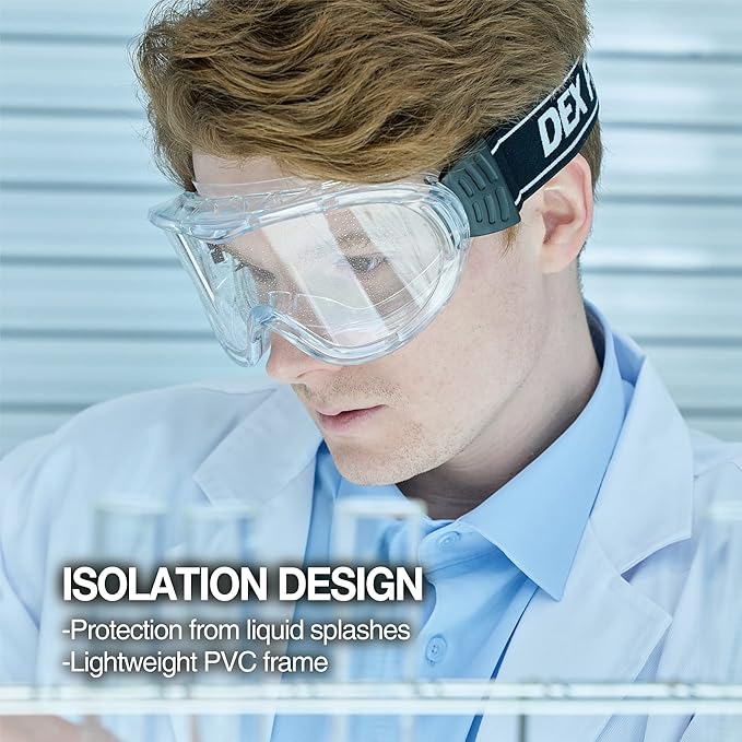 DEX FIT Protective Safety Goggles SG220A; OTG Over Glasses Fit, Anti Fog & Scratch, Z87 Eye Protection for Lab, Science, and Chemistry Work, Indirectly Vented, Adjustable for Women and Men