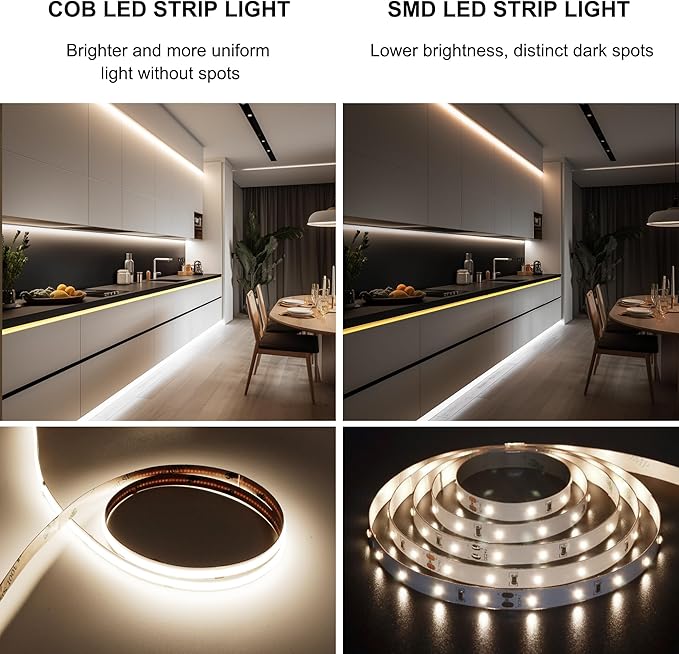 COB LED Strip Lights Cool White,24V Dimmable led Light Strip KIT with Remote and app Control,6000K 50FT/15m 8mm Wide Ra>90 Cuttable Flexible Strip Lights for Bedroom,Shelf,Cabinet