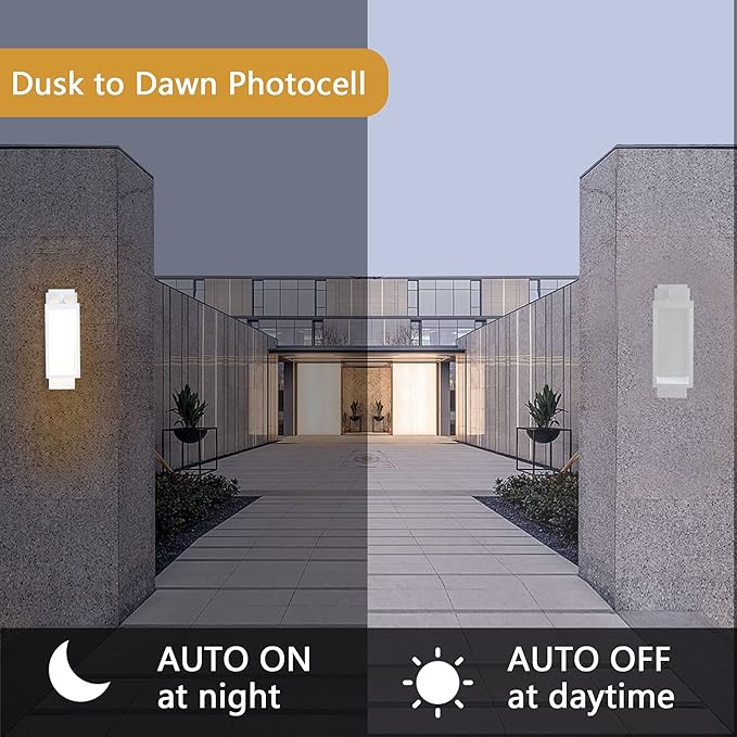 Lustrlach 2 Pack White Dusk to Dawn Outdoor Wall Lights for House LED Photocell Exterior Light Fixture with Glass IP54 Waterproof Modern Patio Light for Garage Indoor Entryway Garden,3000K,14IN