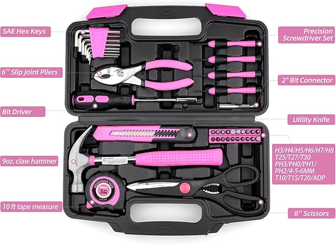 40-Piece Home Tool Kit with Easy Carrying Box, Small Basic Hand Tool Set Perfect for DIY Building, Home Maintenance and Woodworking, Great for College Students - PINK
